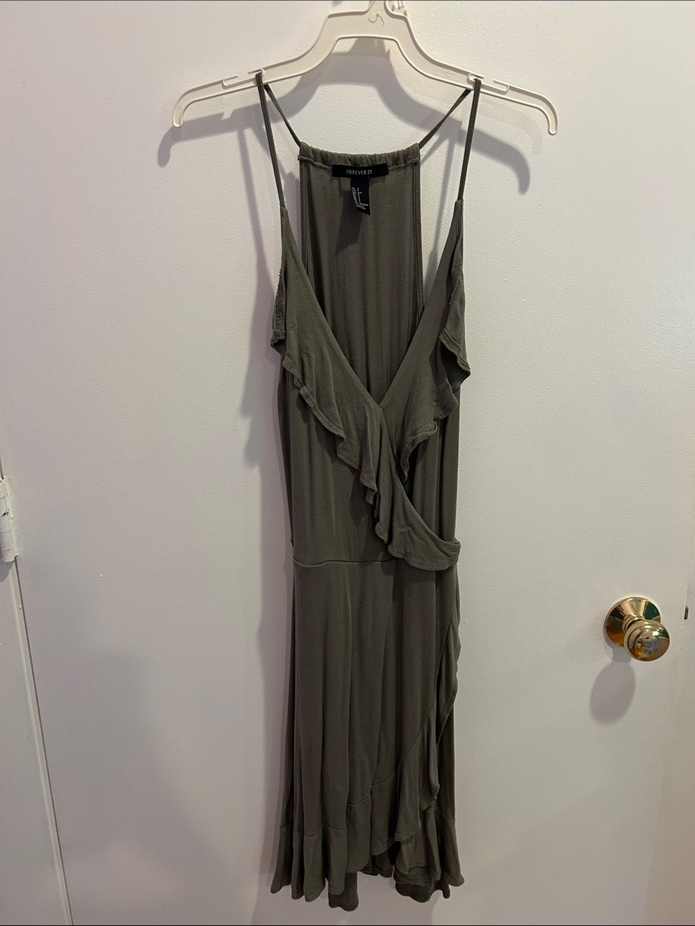 Olive Green Ruffle Faux-Wrap Mini Dress